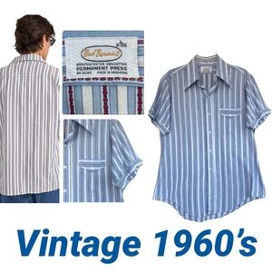 Vintage 60s Shirt Bud Berma Casual Cotton Blue Striped Button-Up Made Hong Kong